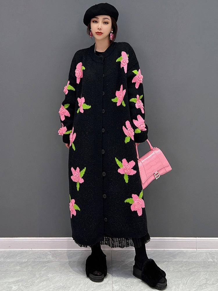 Trendy Hand-Stitched Long Loose Floral Sweater Coat