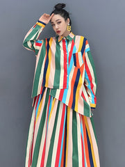 Chic Multi-Color Striped Irregular Oversized 2-Piece Top & Skirt Set