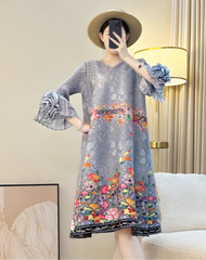 Luxe Plissé Floral Ruffle Dress