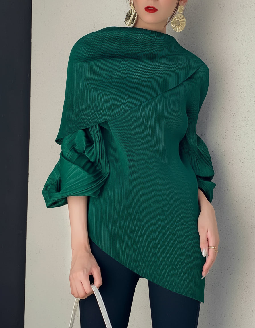 Luxury Draped-Neck Plissé Top