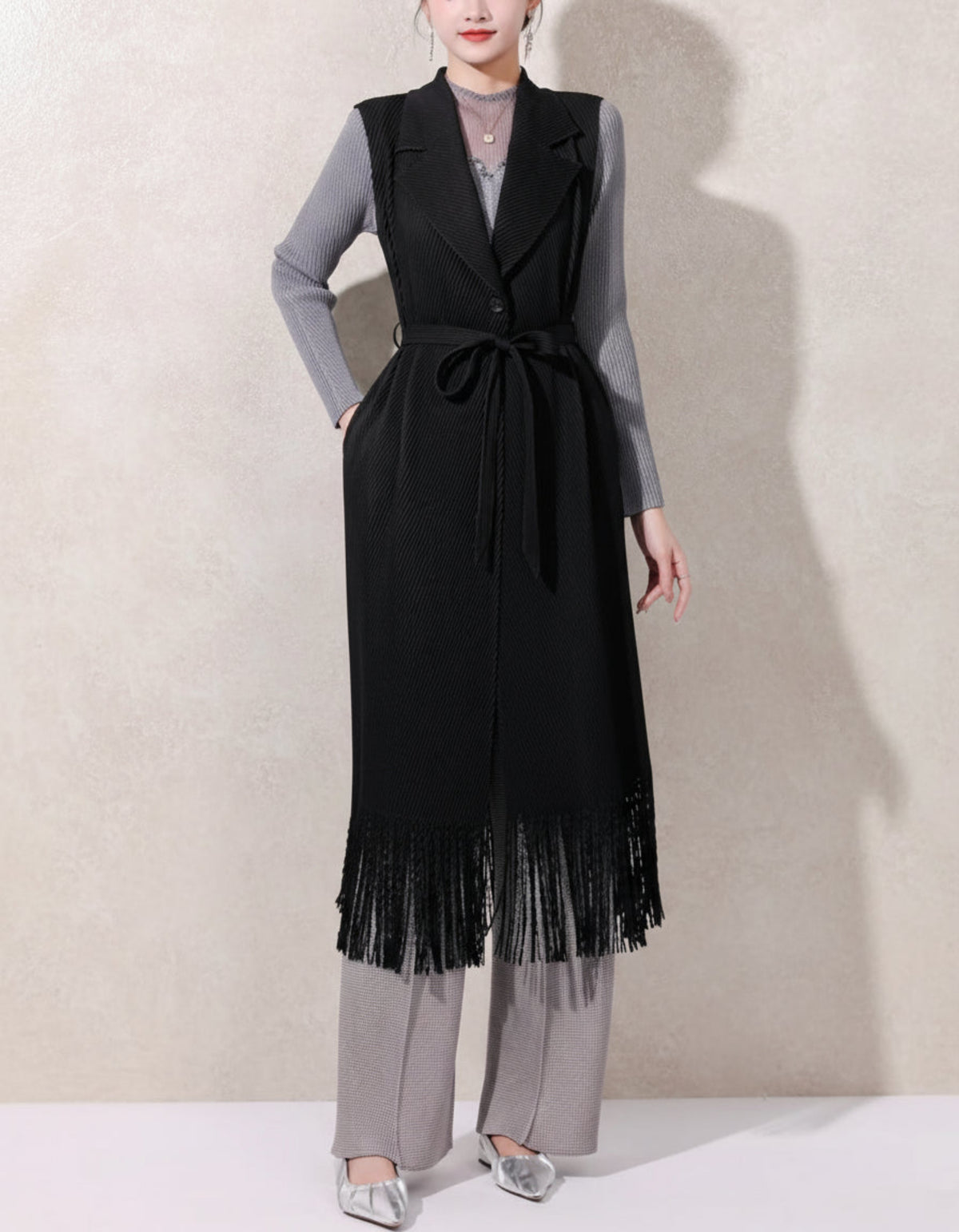 Fringe Plissé Longline Vest