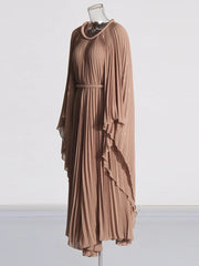 Women's Modest Pleated Long Sleeve Midi Dress