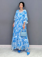 Retro Elegant Blue Chiffon Long Dress