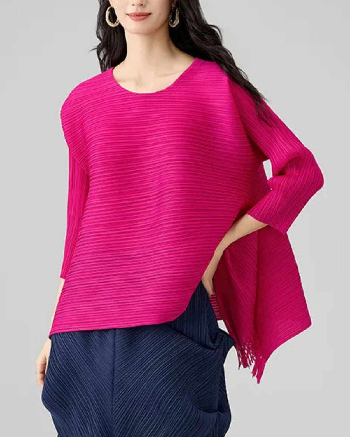 Plissé Asymmetric Fringe Top