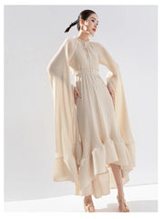 Women's Pleated Midi Dress with Elegant Cape