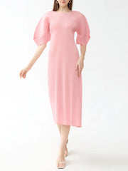 Elegant Puff Sleeve Japanese Pleated Midi Dress