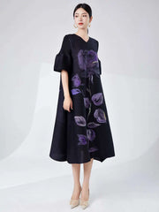 Rose Pleated Cape Sleeve Dress