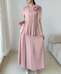 Flowy Pleated Blouse & Skirt Set
