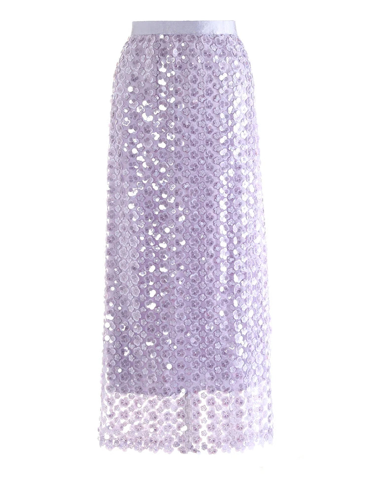 HEYFANCYSTYLE Couture Floral Sequin Pull-On Midi Skirt