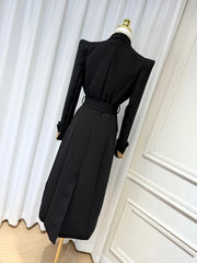 Luxury Black Belted Long Coat with Butterfly Details