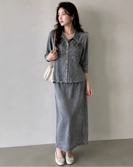 Washed Denim Plissé Skirt Set
