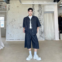 Men's High Society Denim Shirt and Long Shorts Set