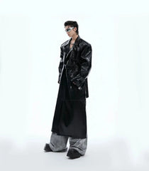 Men's Extra Long Patent Faux Leather Trench Coat