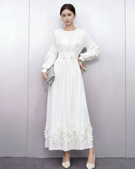 Floral Plissé Long Sleeve Dress