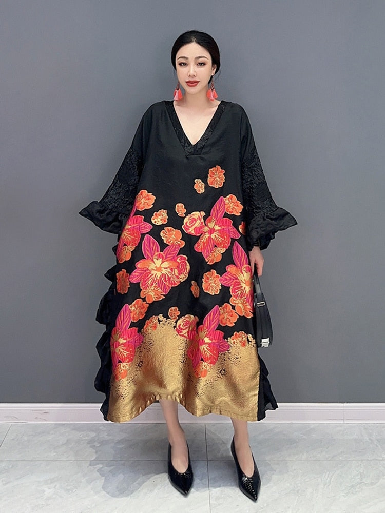 Floral Luxe Oversized Ruffle Batwing Long Sleeve Dress