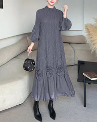 Elegant Balloon-Sleeve Pleated Dress