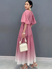 Women's New Gradient Pink Balloon Sleeve Midi Dress