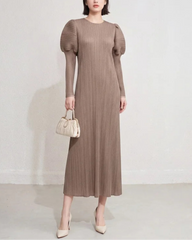 Puff Sleeve Plissé Midi Dress