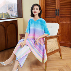 Pastel Plissé Pleated Tunic Top & Wide-Leg Pants