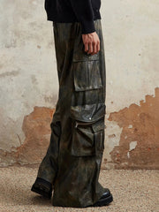 Men's Faux Leather Washed Brown Cargo Pants