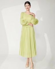 Ruffle Sleeve Plissé Dress