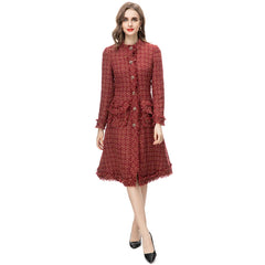 Women's Elegant Burgundy Tweed Long Coat