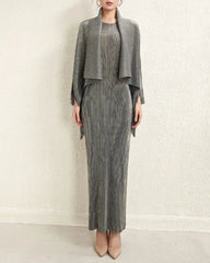 Elegant Pleated Dress & Shawl