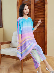 Pastel Plissé Pleated Tunic Top & Wide-Leg Pants