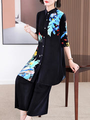 Luxe Botanical Print Pleated Tunic & Trouser Set