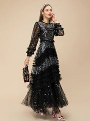 Glamorous Black Sequin Tulle Long Dress