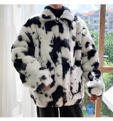 HEYFANCYSTYLE Unisex Oversized Cow Print Fluffy Coat