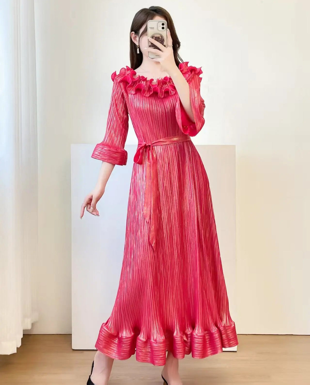 Pleated Dress With Bell Sleeves