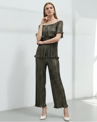 2-Piece Metallic Plissé Pant Set