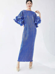 Luxury Pleats Ruffle Sleeves Maxi Dress