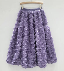 Rose Tulle Romantic Flared Midi Skirt