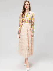 Women's Luxe Floral Embroidered Mesh Ruffle Dress