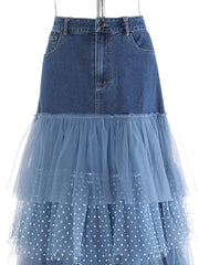 Luxe Denim and Tulle Ruffled Long Skirt