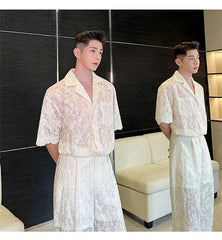 Men's Sheer 2-Piece Embroidery White Lace Suit Set