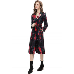 Women's Elegant Black Floral Long Trench Coat