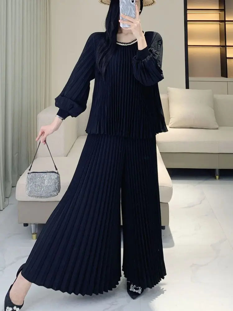 Modest Elegant Black Pleated Two-Piece Set