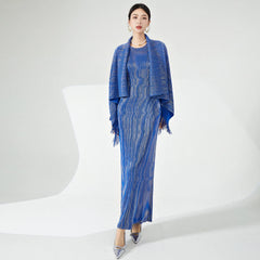 Couture Pleated Long Dress & Shawl Matching Set