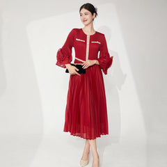 Elegant Ruffle Bell Sleeve Pleated Dress