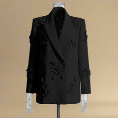 3D Floral Appliqué Double-Breasted Blazer