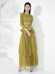 Maxi Skirt Set with Pleated Long Sleeve Top