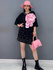 HEYFANCYSTYLE Korean Style Oversized 3D Flower Beaded T-Shirt