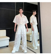 Men's Sheer 2-Piece Embroidery White Lace Suit Set