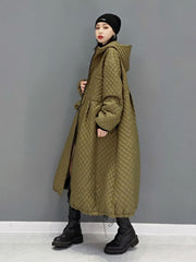Casual Elegance Diamond Quilted Long Parka Hoodie Coat