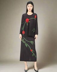 Floral Embroidered Pleated Skirt Set