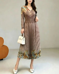 Couture Pleated Belted Floral Dress
