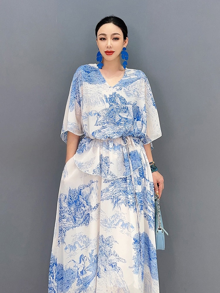 White & Blue Chiffon Loose Fit V-Neck 3/4 Sleeve Dress